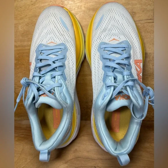 Hoka One One Bondi 8 REFLECTIVE Womens Size 9 Running Shoes Sneakers Blue Yellow - Picture 7 of 12